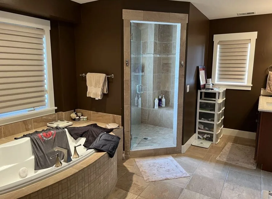 Primary Bathroom before renovation by Elle & Ivy Interiors